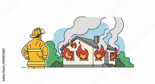 Firefighter watches a house engulfed in flames and smoke under a blue sky