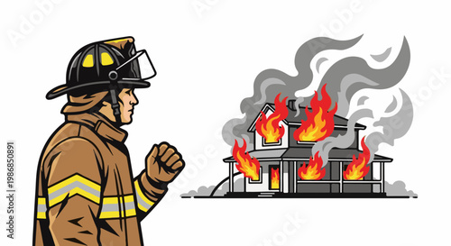 Firefighter stands ready to extinguish a burning house with flames and smoke