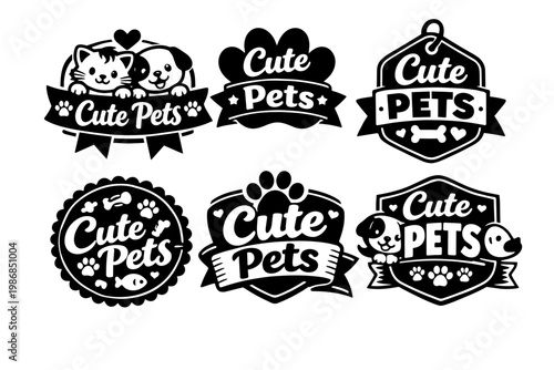 Cute pets logo collection with dog and cat, pet shop branding, animal care emblems, paw, bone and fish details