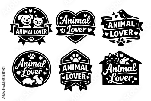 Set of animal lover badges and emblems with pets and paw prints, symbolizing care, friendship, and veterinary themes