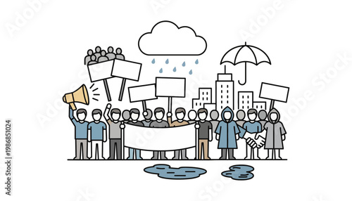 A protester illustration holding a megaphone in a rainy city scene