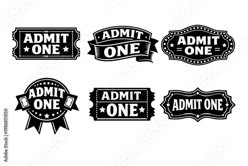 Admit one tickets set offering retro style vector badges and labels for cinema, carnival, or event entry