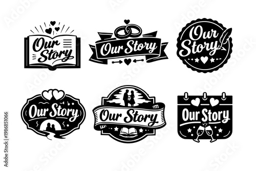 Our story emblem collection showcasing love, wedding, anniversary, and romance concepts with hearts, rings, books, and couples