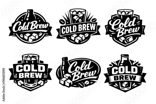 Cold brew coffee logos, badges, and emblems in black and white, featuring bottles, glasses with ice, and coffee beans