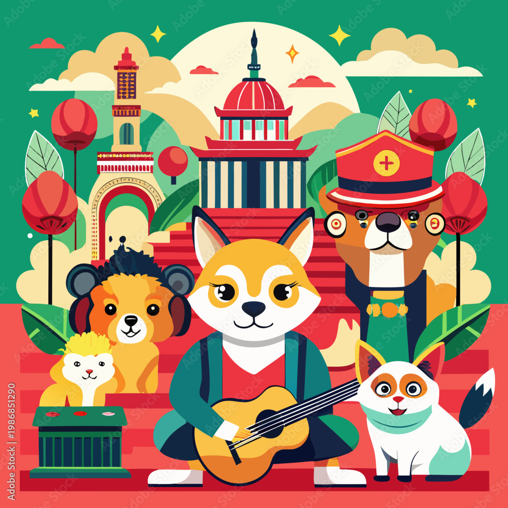 Naklejka premium Cute Cartoon Animal Band Playing Guitar at Asian Temple Vector