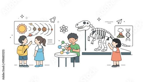 Children learning science in a classroom with dinosaur skeleton and solar system
