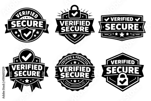 Collection of verified secure badges, emblems, and stamps, featuring checkmarks, shields, and padlocks for web security