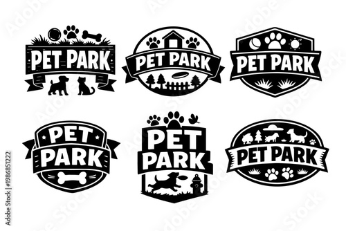 Pet park badges and emblem collection with dog, cat, paws, bone, kennel, and frisbee for animal leisure branding