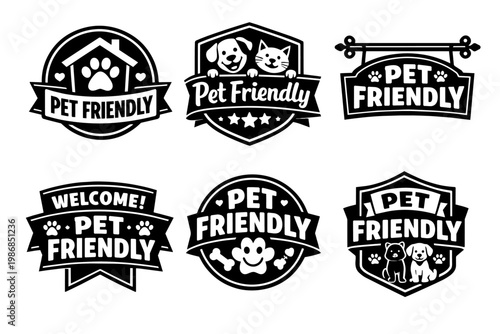 Pet friendly badges collection featuring dog and cat symbols, paw prints, bone icon, and house for animal welcoming places