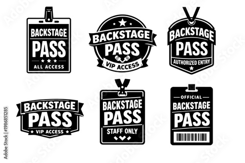 Backstage pass concepts with vip, all access, authorized entry, and staff only access passes badge designs