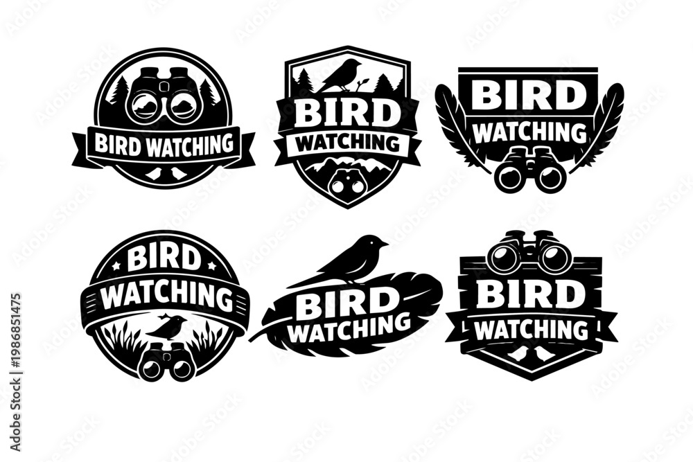 Obraz premium Bird watching emblems set for outdoor activities, nature exploration, and ornithology hobby with binoculars