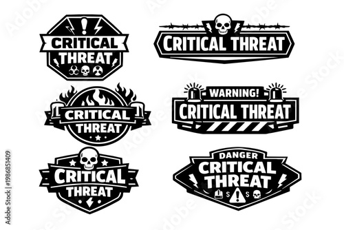 Critical threat warning labels and hazard signs collection featuring danger, risk, alert, and skull icons on badges