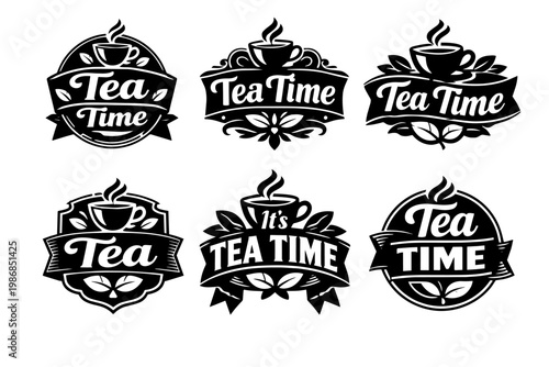 Black and white tea time labels presenting elegant tea cups, foliage, and ornate frames suitable for branding and cafes