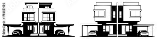 Modern duplex house with carports and symmetrical residential architecture in minimalist graphic style