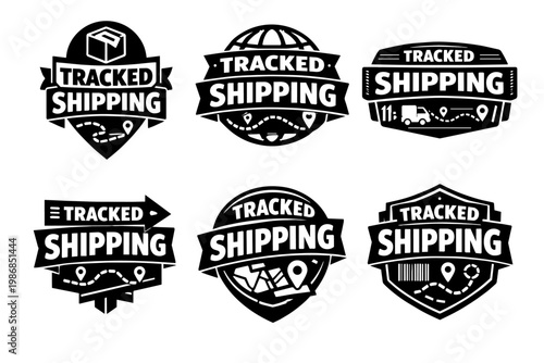Tracked shipping service labels set for reliable parcel delivery and global logistic tracking
