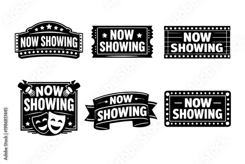 Black-and-white collection of vintage now showing signs, frames and banners for film and theater promotions, retro marquee elements