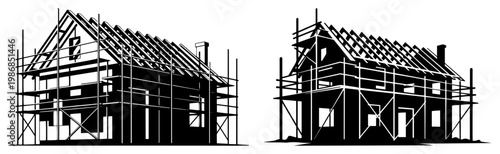 House under construction with scaffolding and roof frame in minimalist architectural graphic style