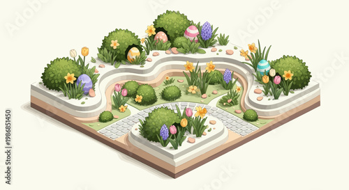 A whimsical Easter decoration concept featuring colorful eggs nestled among green bushes and spring flowers in a miniature garden setting, captured in a bright, isometric view that evokes