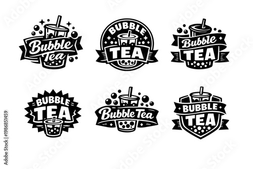 Bubble tea logo collection with cup, straw, and bubbles representing a refreshing beverage experience