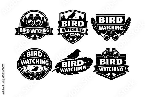 Bird watching emblems set for outdoor activities, nature exploration, and ornithology hobby with binoculars