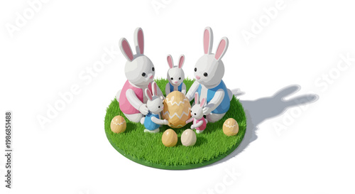 A whimsical Easter family celebration scene features bunny figurines gathered around decorative eggs on a patch of green, artificial grass against a clean white background