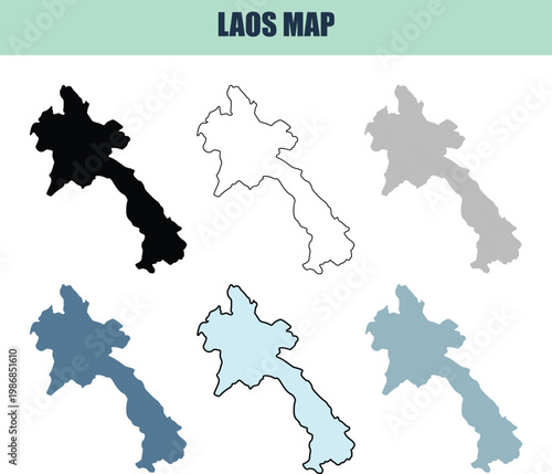 Laos map vector collection in multiple grayscale and blue color styles for geographic representation