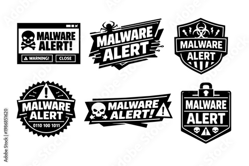 Malware alert concepts collection showing various designs for digital security, cyber threat, and virus warnings