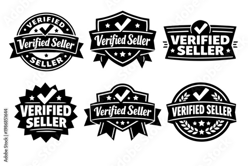 Verified seller badge set for e-commerce trusting customers, ensuring quality and authentication for online retail business