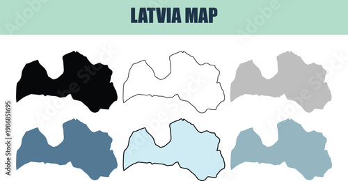 Latvia map variations in different styles and colors on a clean background