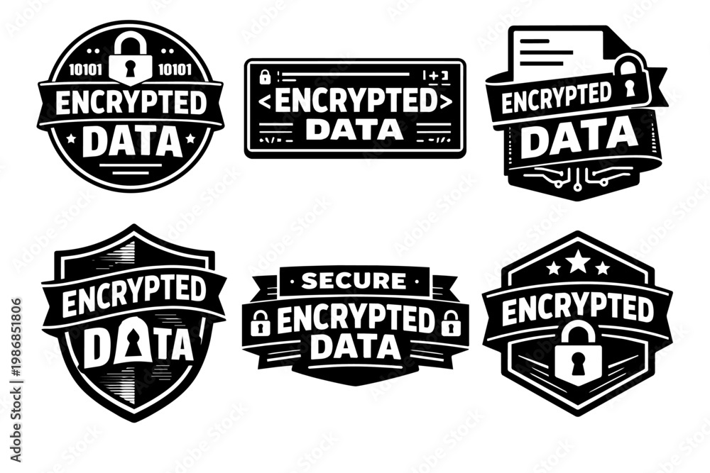Fototapeta premium Encrypted data security badges collection representing privacy, cyber protection, and digital information access control