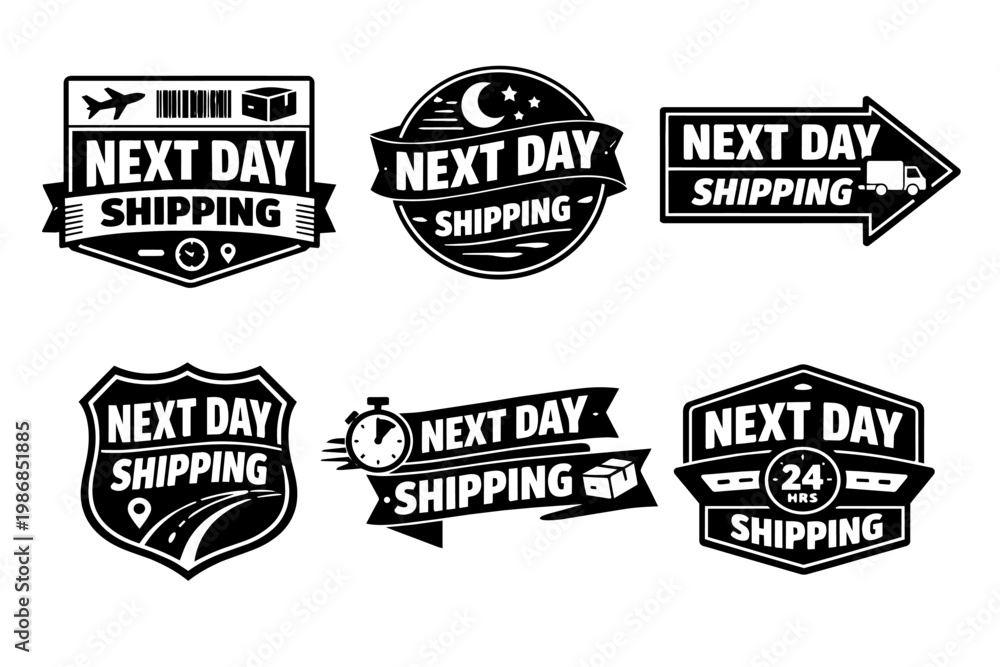 Fototapeta premium Next day shipping badges, fast delivery service logos. Express transportation concept, receiving parcel quickly