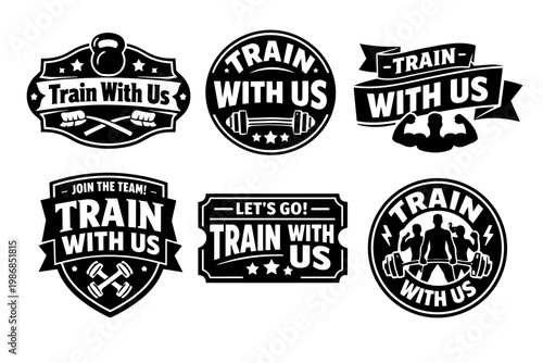 Sport and exercise logos representing weight training, fitness motivation, and health club branding isolated on white