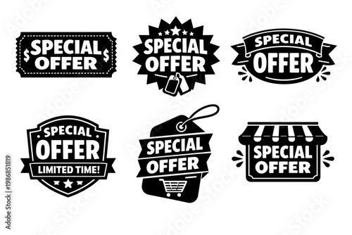 Special offer badges and labels in a black and white collection for advertising discounts and promotions