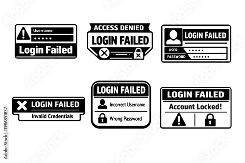 Login failed and account access denied message badges, displaying authentication error, invalid password, username, and locked account warnings