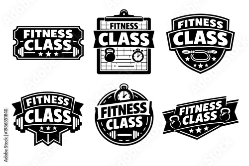 Fitness class emblems with dumbbells, kettlebells, jump ropes, and stopwatches, perfect for gyms and exercise studios