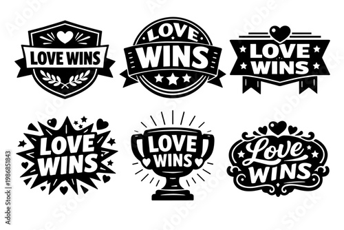 Set of love wins typography designs with hearts, stars, shields, and trophies, representing triumph in affection