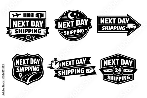 Next day shipping badges, fast delivery service logos. Express transportation concept, receiving parcel quickly