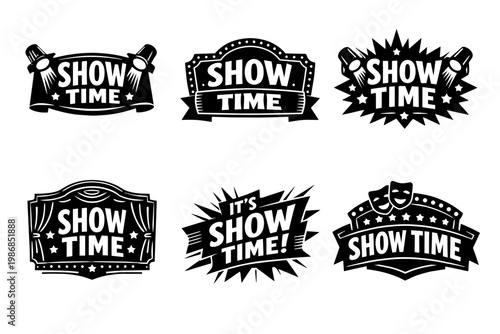 Show time signs and banners collection. Vintage style lettering for entertainment, theater, cinema, and performance events
