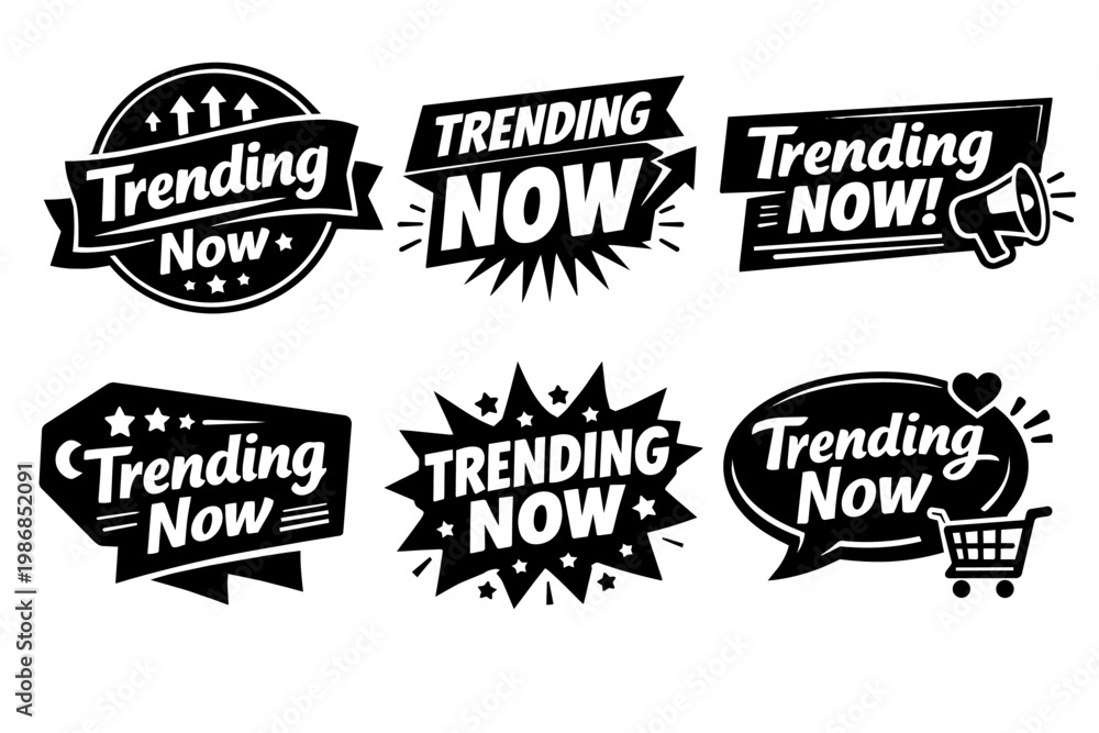 Fototapeta premium Set of trending now, popular and viral social media labels, badges and emblems for marketing and online content