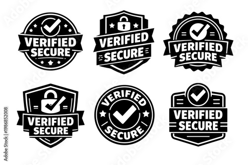 Verified secure badge set, trust seal, safety icon, guaranteed protected label, cyber security sticker collection