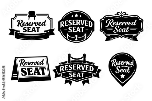 Collection of black and white reserved seat labels and tags, creating a concept of exclusive booking and vip service for events