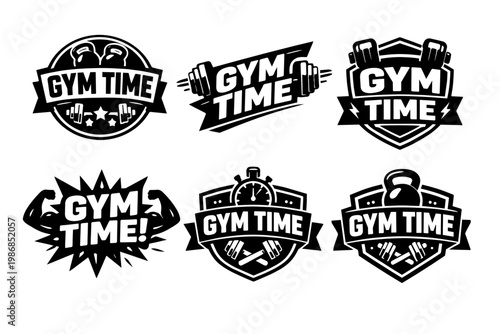 Set of six black and white gym time logos displaying fitness equipment, strong arms, and stopwatch for various exercise themes