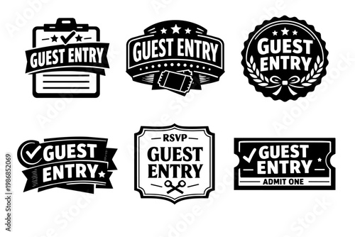 Guest entry badges, event admission labels, rsvp stamps, ticket icons, and premium access vector set