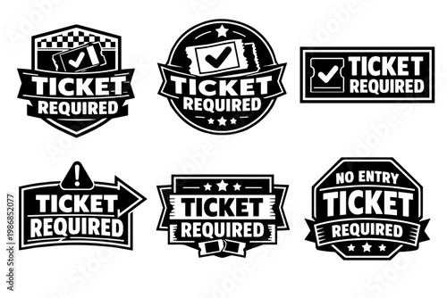 Set of ticket required signs indicating admission passes, entry requirements, and access for various events or venues