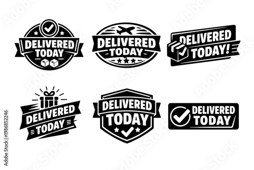 Delivered today label collection representing fast shipping, parcel delivery, and express order fulfillment services