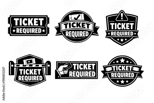 Collection of ticket required labels, offering various designs for event access, entry control, and restricted areas