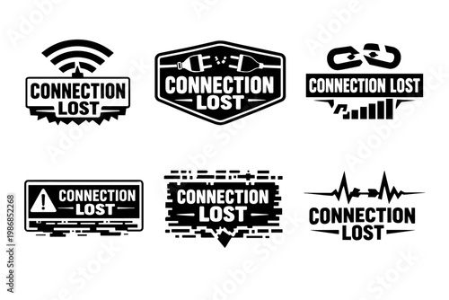 Connection lost badges, internet signal error, network disconnect, offline status, wifi and plug failure vector icons