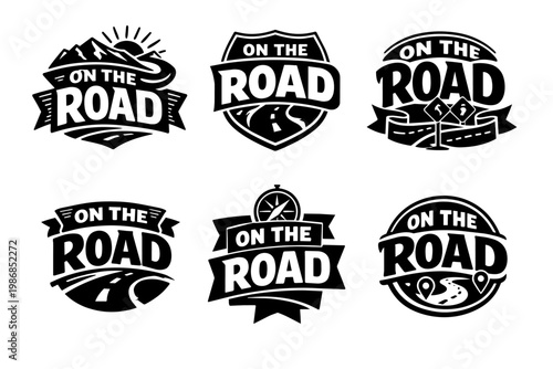 On the road emblem collection for travel, adventure, and journey concepts, showing different road trip insignias