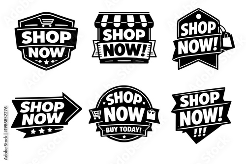 Six vector shop now badges and labels for e-commerce, sales, and marketing campaigns, emphasizing immediate purchase