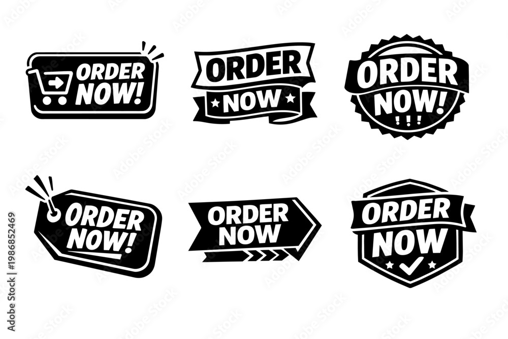 Obraz premium Order now labels and banners set, collection of promotional messages for online shopping and commercial advertising
